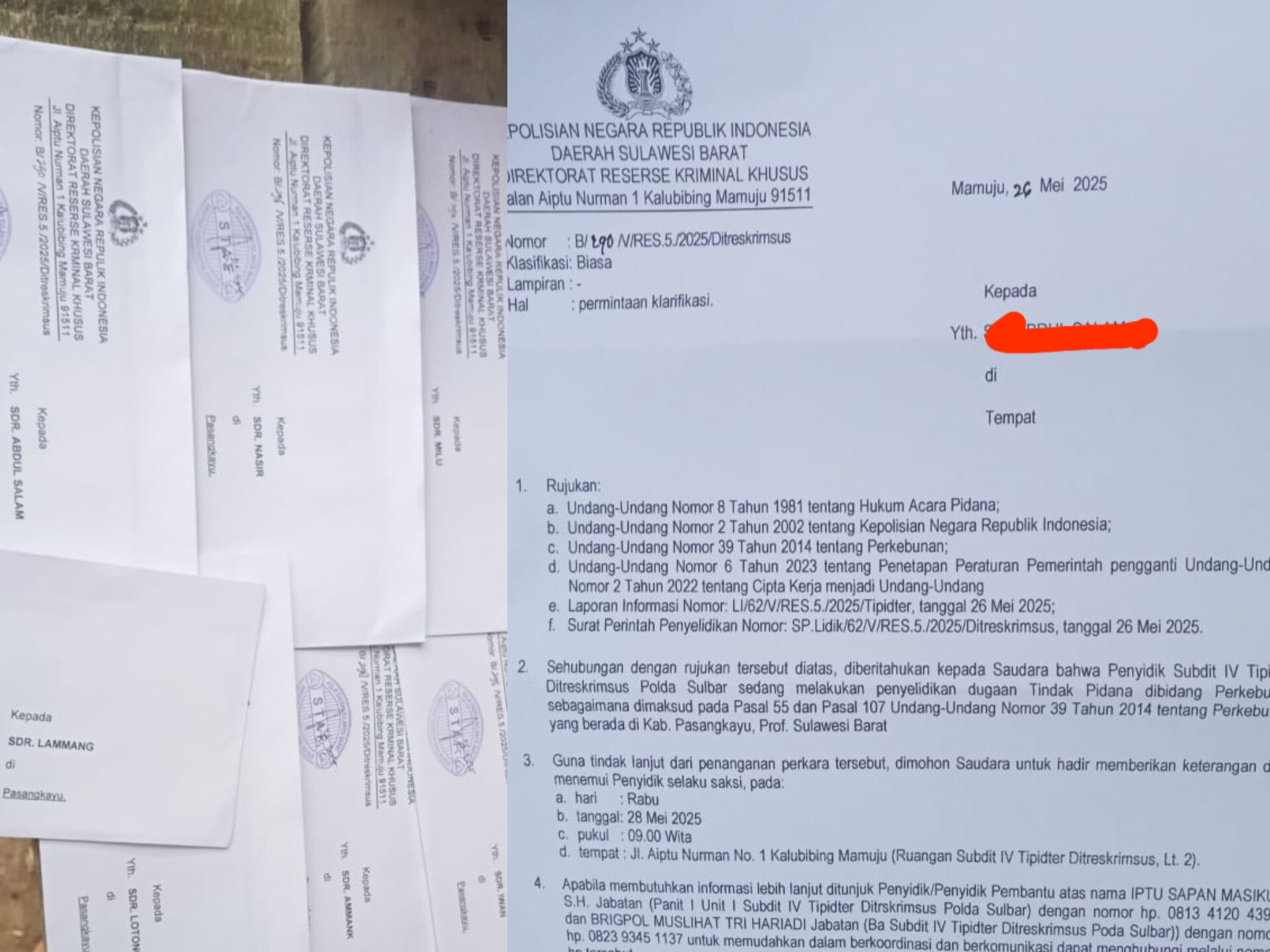 Surat Panggilan Petani Sawit Pasangkayu