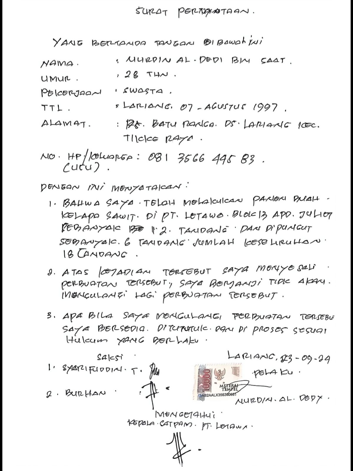 Surat Pernyataan Nurdin alias Dedi