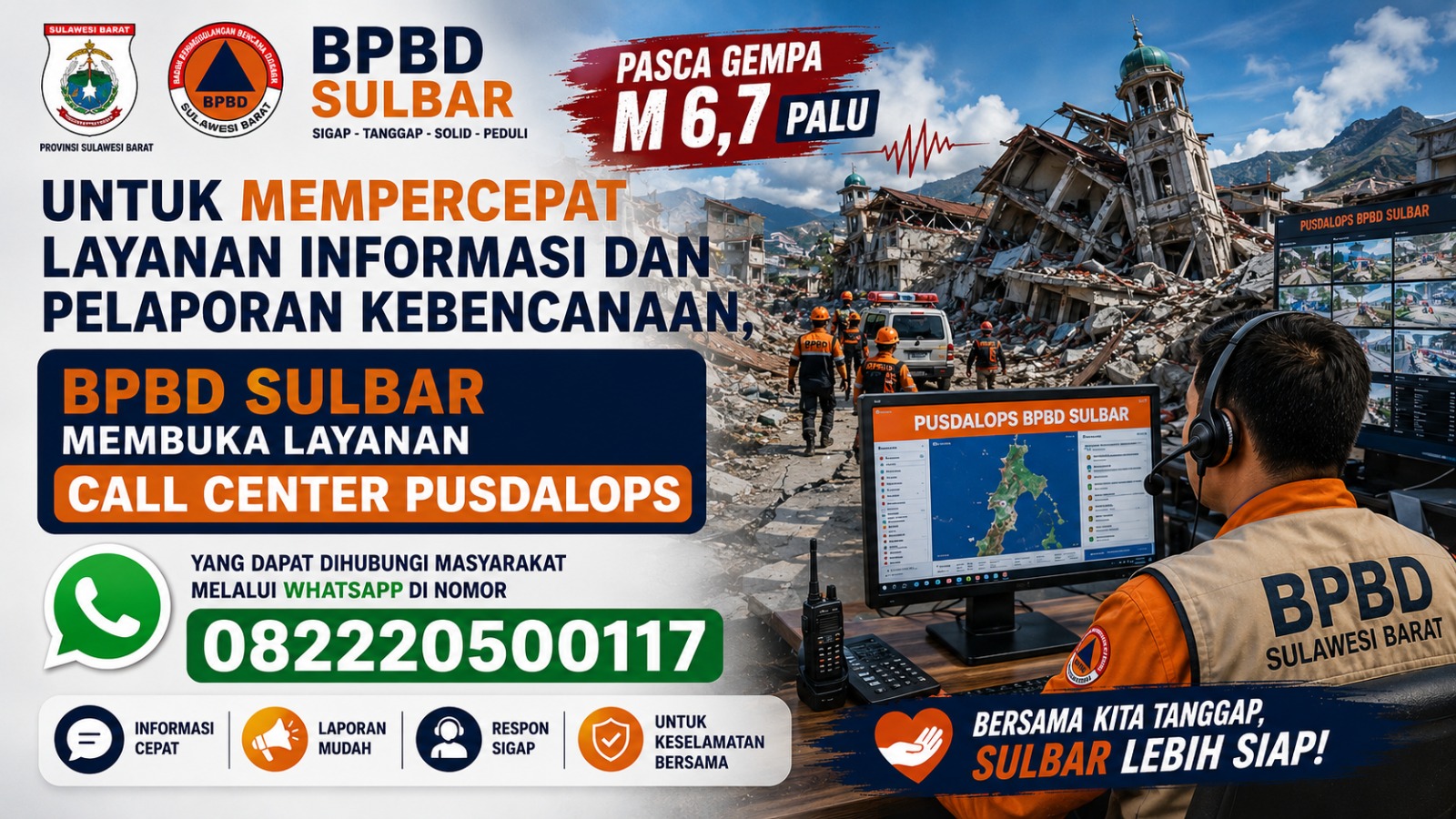BPBD Sulbar buka layanan aduan pascagempa Palu M6.7.